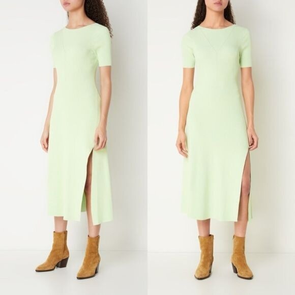 NWT Maje Ruche Tie Back Midi Dress 40 Vert L Ribbed Knit Stretch - Picture 2 of 15